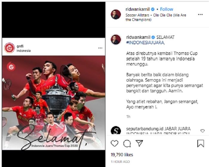 Gubernur Jawa Barat Ridwan Kamil 'menyentil' atlet rebahan usai Indonesia berhasil membawa pulang piala Thomas Cup 2021.*