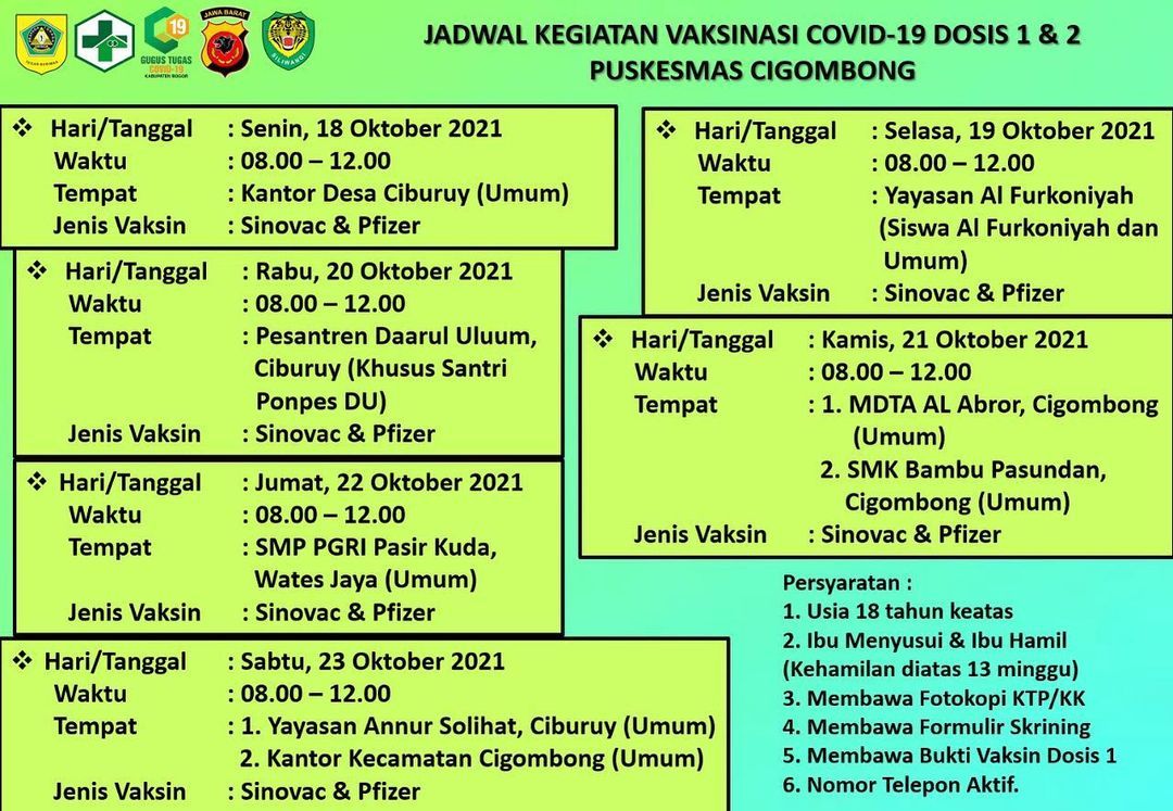 Warga Kabupaten Bogor, Jawa Barat dapat mengikuti vaksinasi Covid-19 di sejumlah lokasi dalam rentang 18-21 Oktober 2021