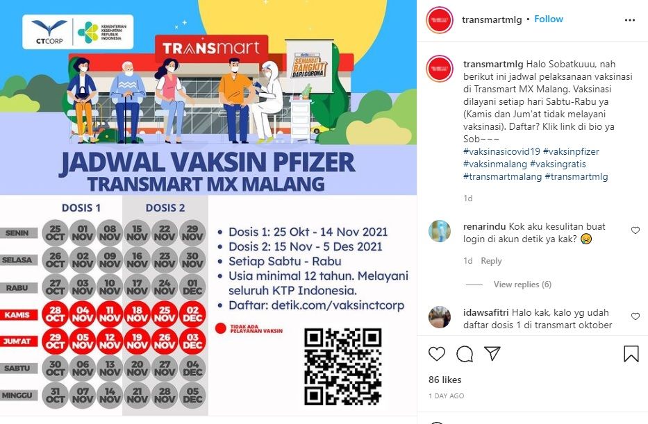Jadwal vaksin Pfizer di Transmart MX Malang 25 Oktober - 5 Desember 2021