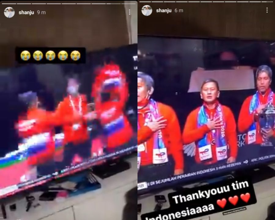 Unggahan Instagram Story Shania Junianatha, saat sedang menonton tim Indonesia menjuarai Thomas Cup 2021.