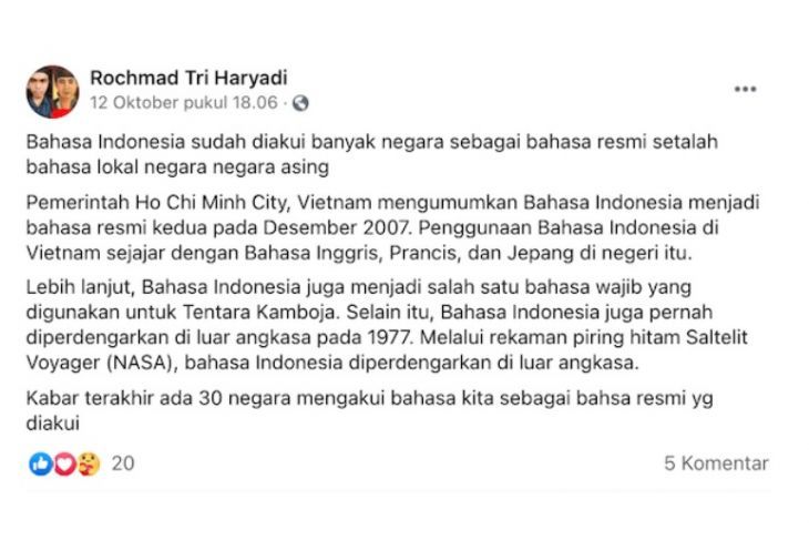 Unggahan kabar yang menyebutkan bahwa bahasa Indonesia menjadi bahasa resmi Vietnam.