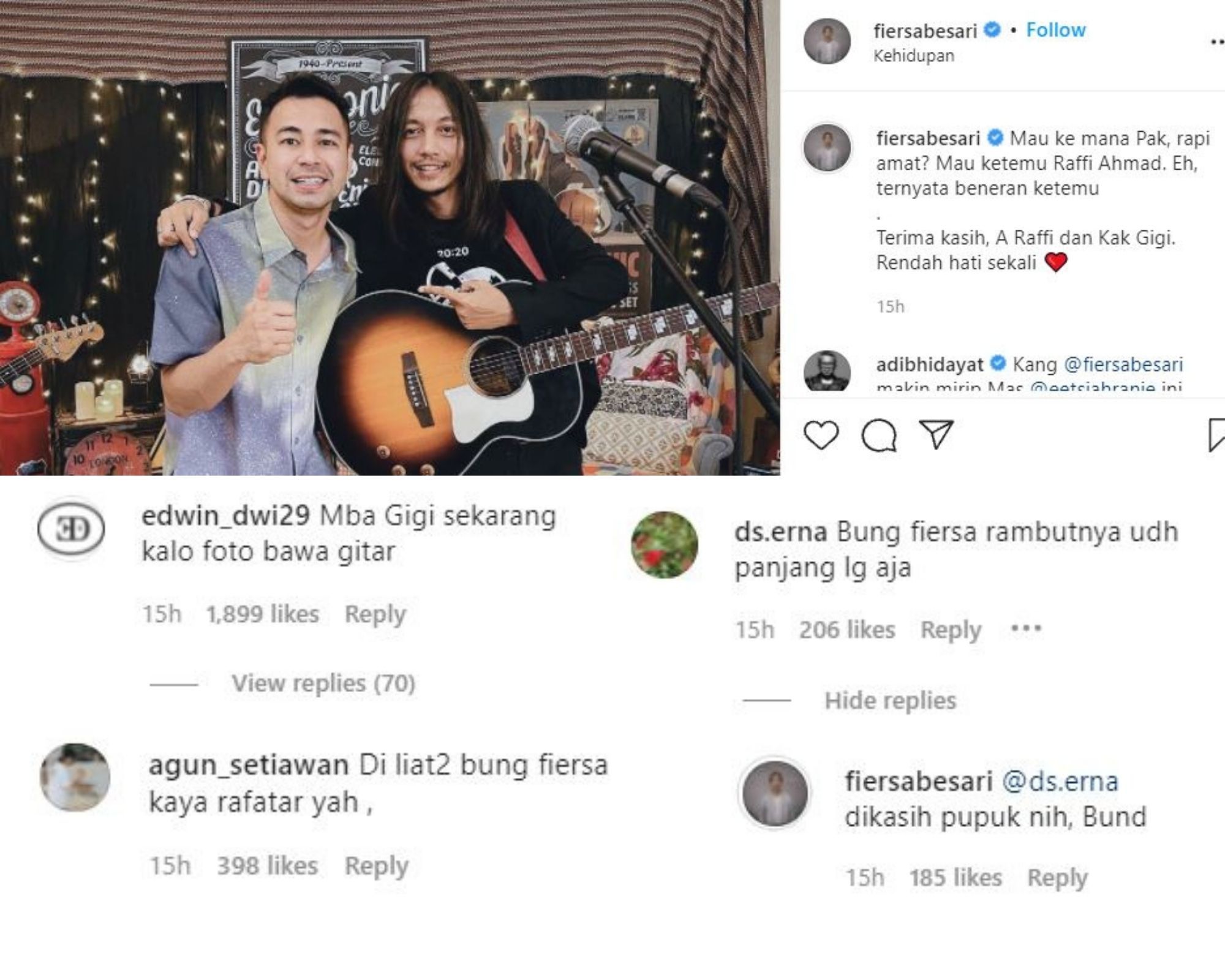Netizen ramai-ramai menuliskan komentar nyeleneh usai menyoroti rambut gondrong Fiersa Besari saat berfoto dengan Raffi Ahmad.*
