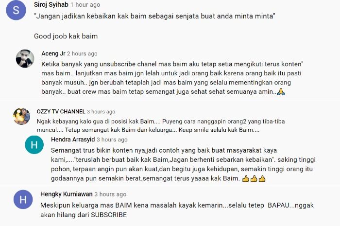 Tangkapan Layar komentar netizen di akun YouTube Baim Paula.