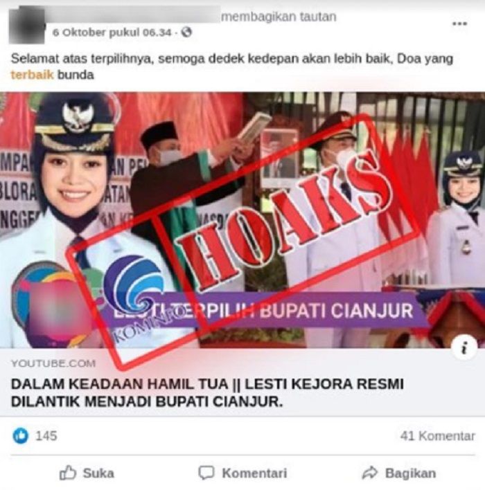 Beredar hoaks yang mengeklaim bahwa penyanyi dangdut Lesti Kejora dilantik jadi Bupati Cianjur. /Kominfo