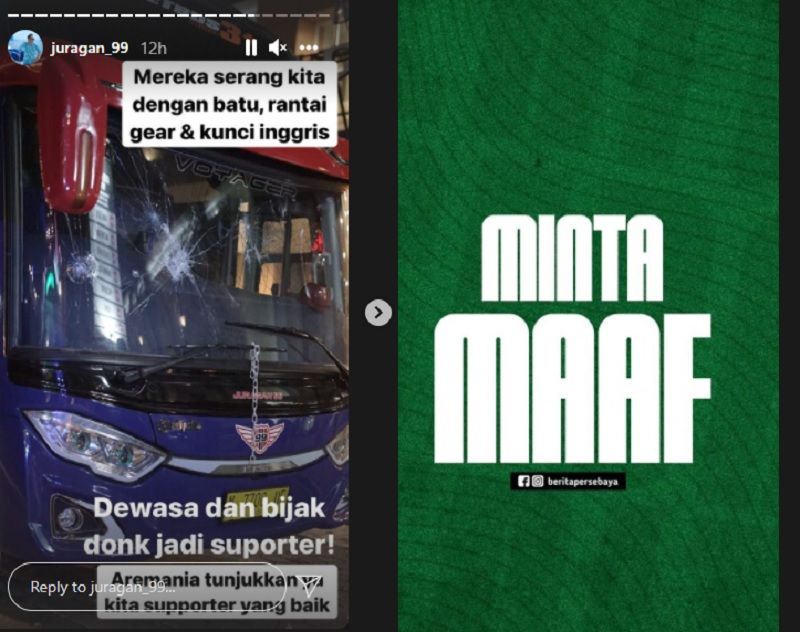 Salah satu akun pendukung atau fans Persebaya meminta maaf menyusul kejadian Bus Arema FC yang diserang sejumlah oknum di Yogyakarta.
