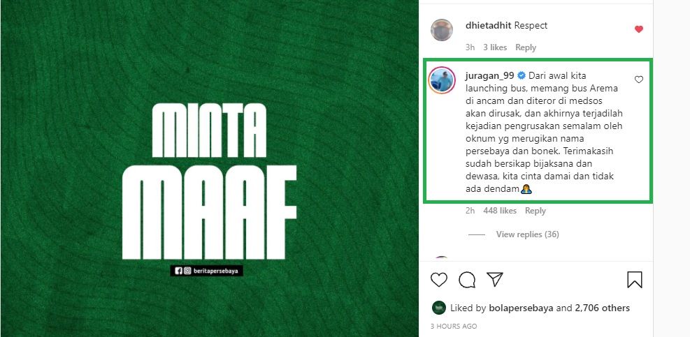 Komentar Presiden Arema FC Gilang Widya Pramana melalui akun @juragan_99 atas permintaan maaf supporter Persebaya