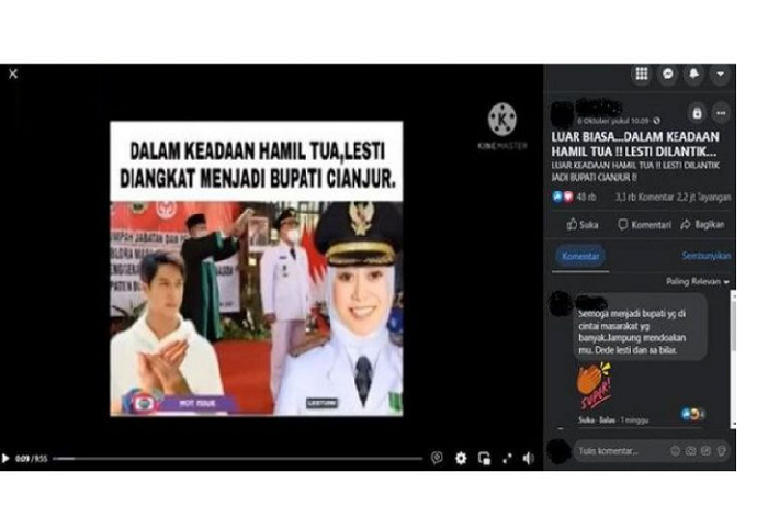 Tangkap layar unggahan Facebook yang menyebut Lesti Kejora menjabat Bupati Cianjur.