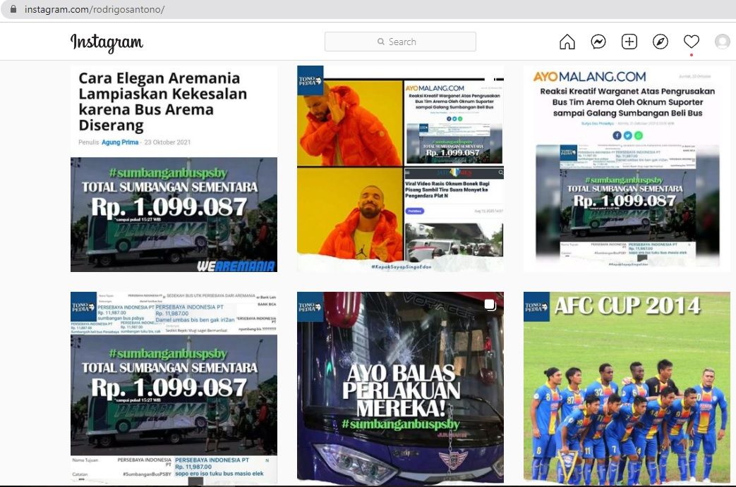 Tangkapan layar unggahan akun @rodrigosantoso terkait aksi sumbangan ke Persebaya Surabaya