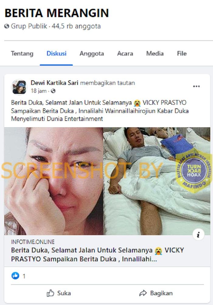 HOAKS - Beredar sebuah unggahan yang menyebut jika Vicky Prasetyo meninggal dunia dilengkapi foto Kalina Ocktaranny menangis.*
