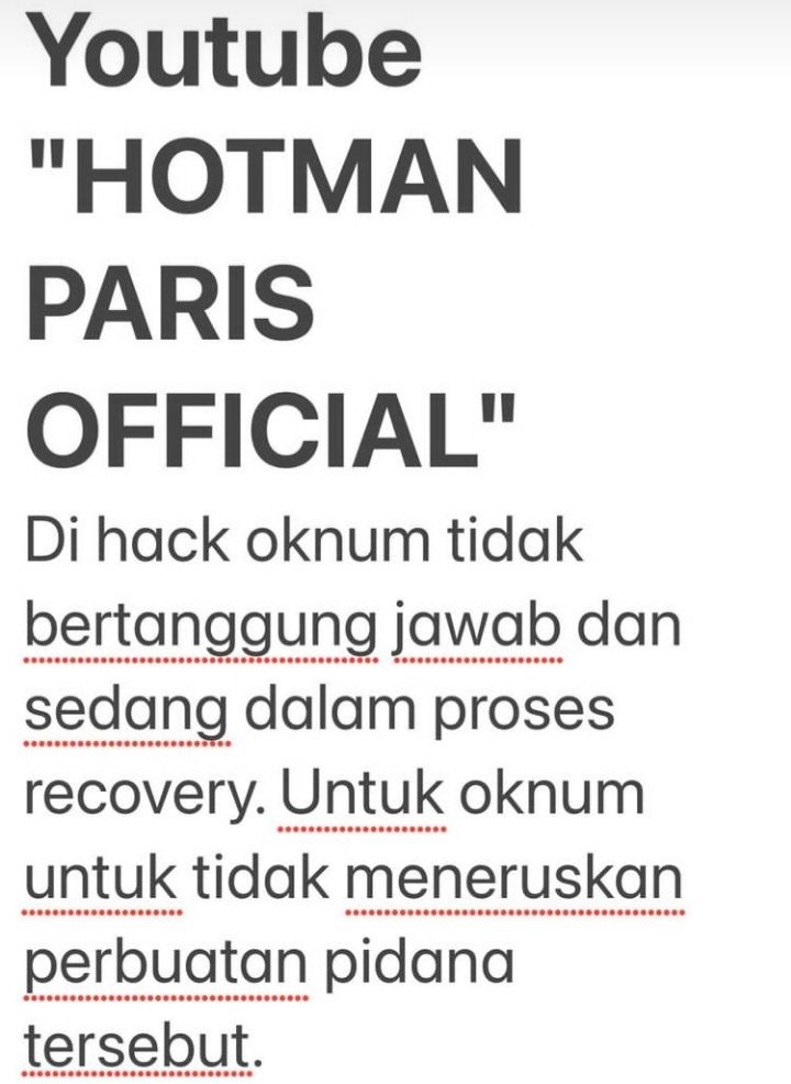 YouTube Hotman Paris Official di hack orang lain.