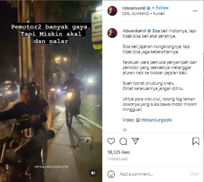 Ridwan Kamil geram melihat video sejumlah pemotor nekat menggunakan trotoar bagi pejalan kaki demi menghindari macet.