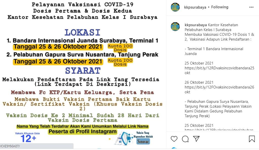 Info vaksin gratis di Bandara Juanda dan Pelabuhan Tanjung Perak Surabaya 25-26 Oktober 2021