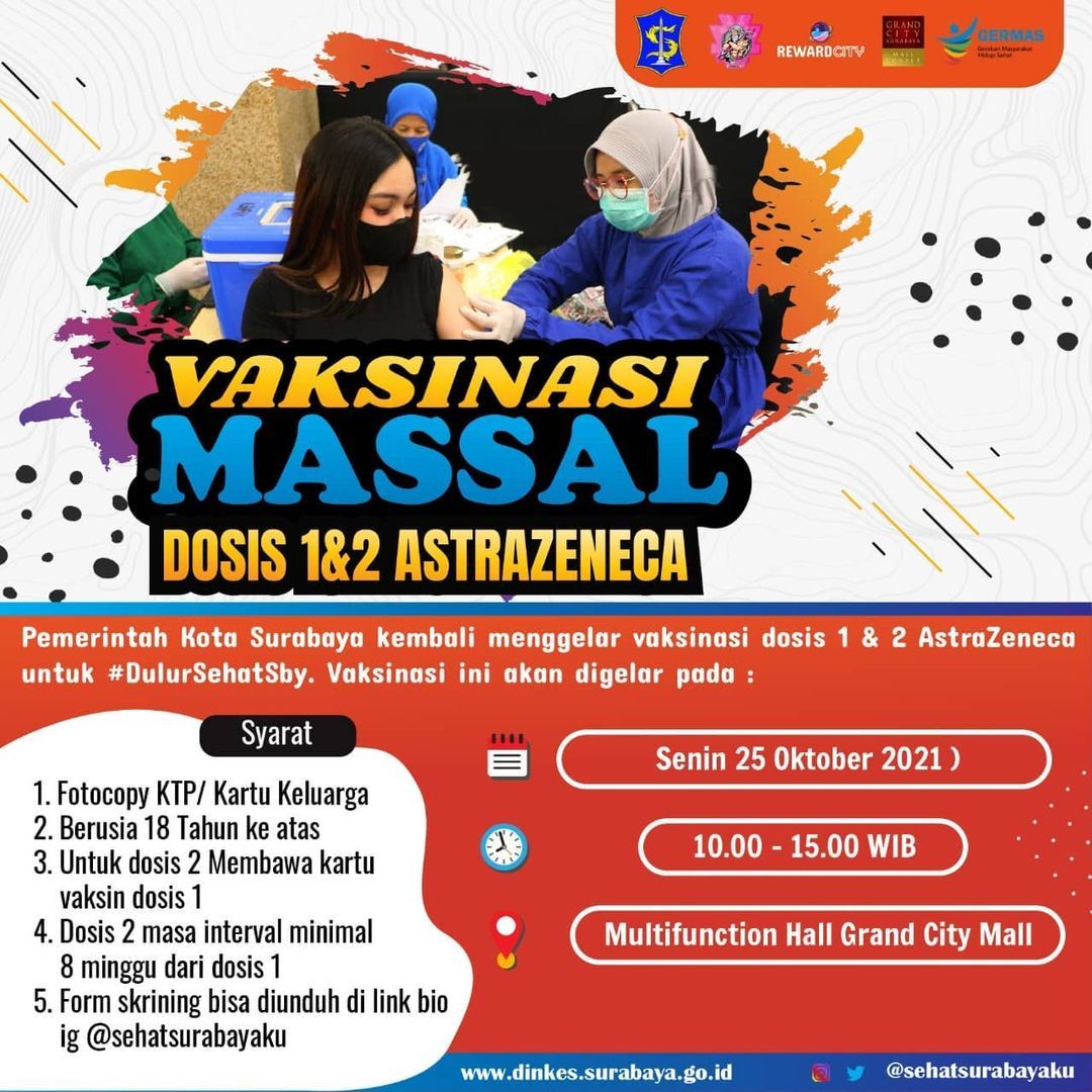 Info Vaksin Massal Surabaya Dosis 1 dan 2 Astrazaneca di Grand City Mall, Senin 25 Oktober 2021
