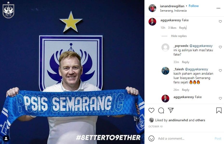 Cek Fakta! Pelatih PSIS Semarang Ian Andrew Gillan Bikin Akun Instagram, Agen Beri Klarifikasi
