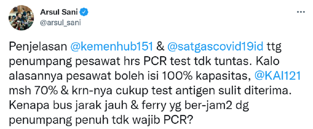 Cuitan Arsul Sani yang mengomentari kebijakan tes PCR.