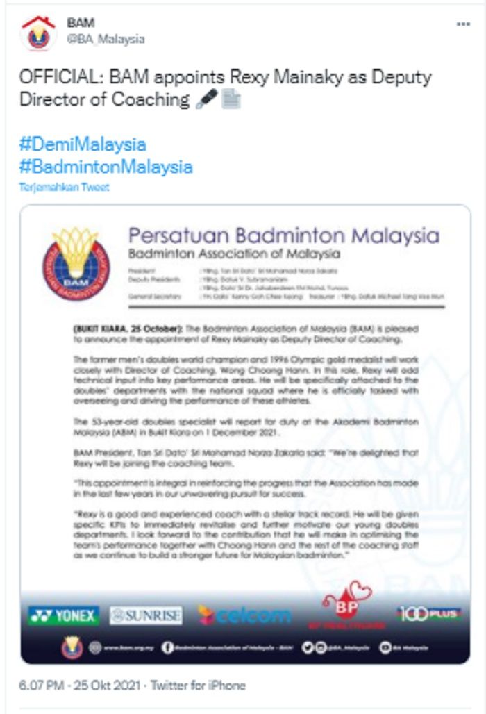 Legenda Badminton Indonesia, Rexy Mainaky resmi bergabung Asosiasi Badminton Malaysia, Senin, 25 Oktober 2021.*