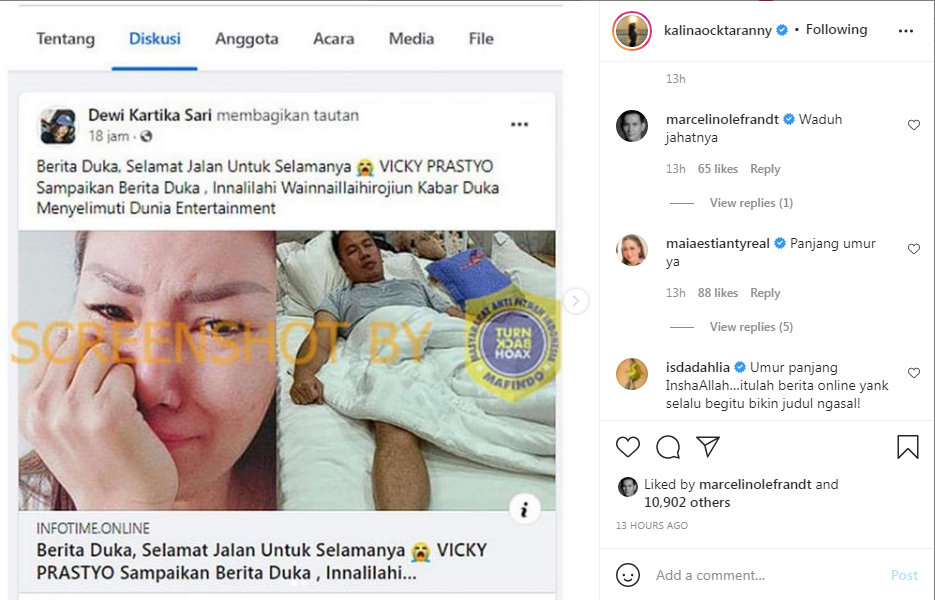 Kabar meninggalnya Vicky Prasetyo hoax, Kalinna Ocktarany pun klairifikasi mengenai kabar bohong tersebut melalui instagramnya.