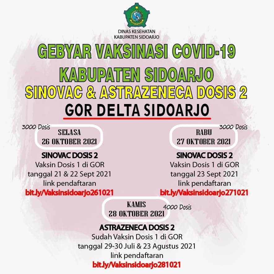 Jadwal vaksin di GOR Delta Sidoarjo 26-28 Oktober 2021 dan link pendaftaran