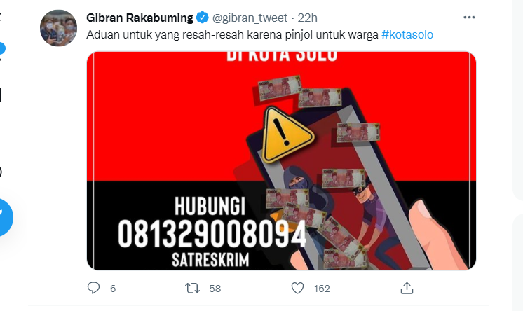 Twitter Wali Kota Surakarta Gibran Rakabuming Raka terkait kasus pinjaman oline yang meresahkan di Kota Solo, Jawa Tengah./