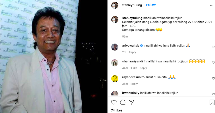 Kabar Oddie Agam Meninggal Dunia diposting Stanley Tulung di akun Instagramnya.