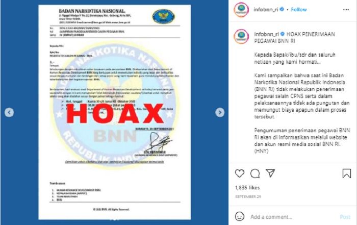 HOAKS - Beredar surat penerimaan pegawai Badan Narkotika Nasional (BNN). BNN memastikan proses perekrutan hanya lewat CPNS.*