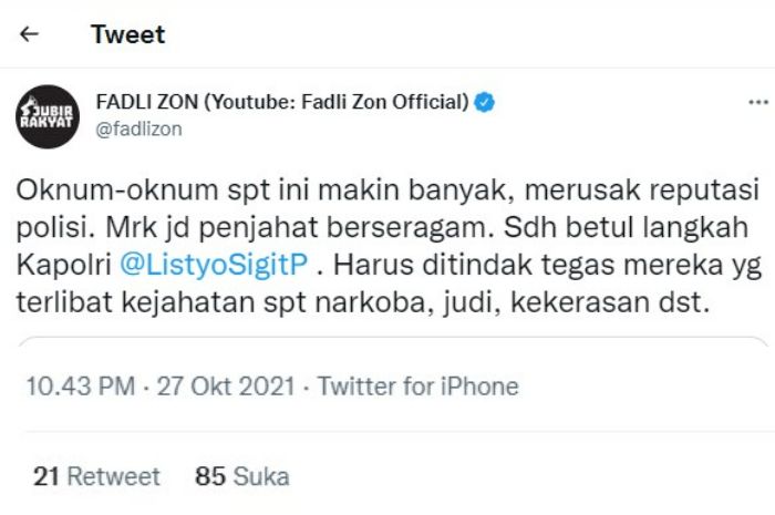 Fadli Zon mendukung adanya tindakan tegas kepada oknum polisi yang terbukti melakukan aksi kejahatan.