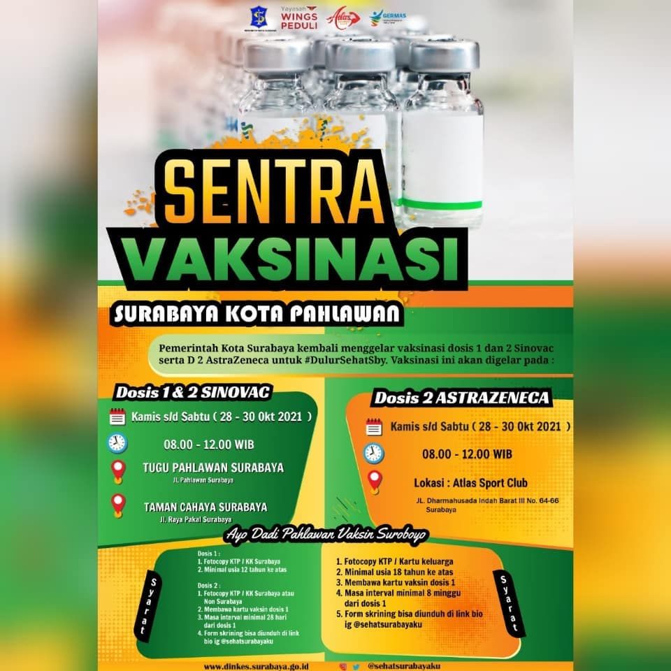 Info Vaksin Sinovac dan AstraZeneca di Surabaya, Kamis-Sabtu 28-30 Oktober 2021