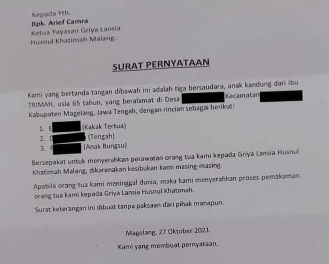 Viral surat penyerahan Ibu Trimah ke Griya lansia Malang