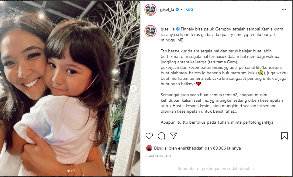 Gisella Anastasia tulis pesan menyentuh untuk anaknya, Gempi di akun Instagram pribadinya.