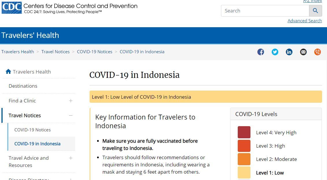 tangkapan layar kondisi Covid 19 di Indonesia menurut CDC