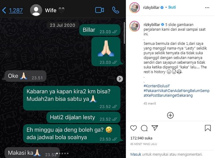 Unggahan Rizky Billar yang memperlihatkan chat dirinya dan Lesti Kejora di awal perkenalan