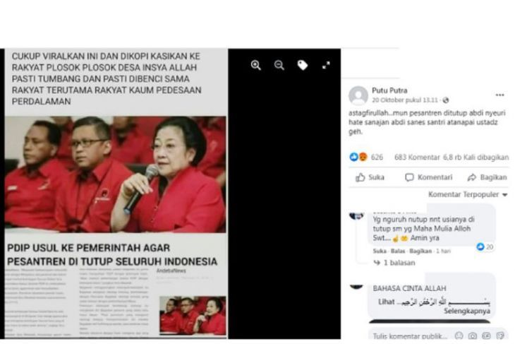 Tangkapan layar yang menyebut PDIP usul ke pemerintah agar semua pesantren di Indonesia ditutup