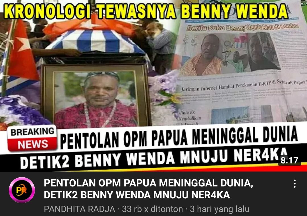 Thumbnail video YouTube yang sebut Benny Wenda meninggal dunia