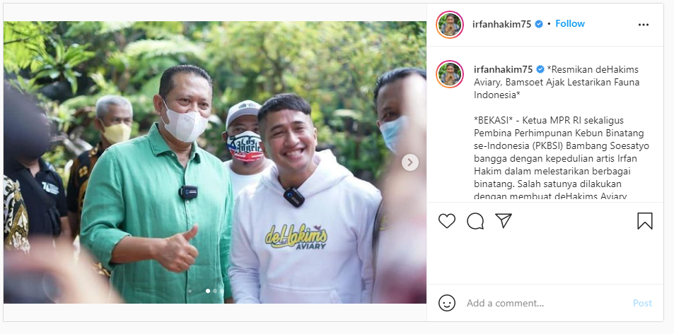 Artis, Irfan Hakim telah meresmikan cagar satwa berupa aviary raksasa bersama Ketua MPR RI Bambang Soesatyo (Bamsoet).