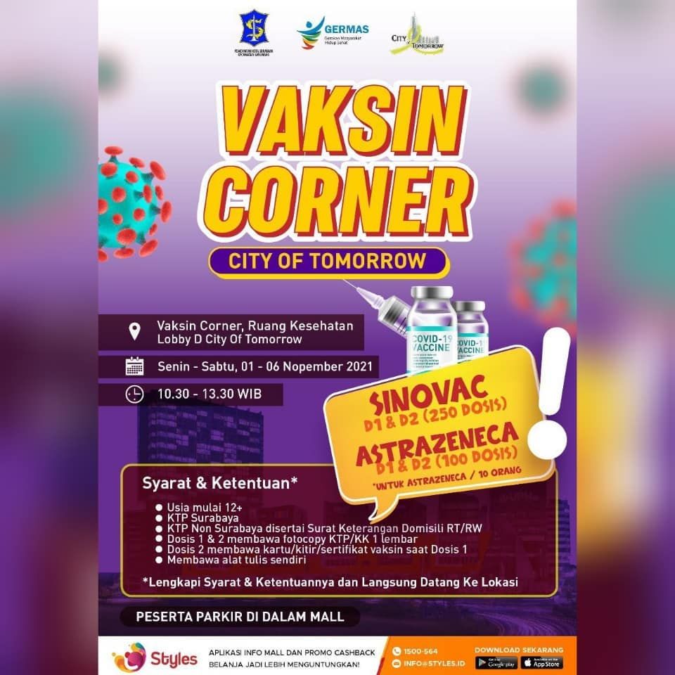 Info vaksin di Mall Cito Surabaya, Dosis 1 dan 2 Sinovac dan AstraZeneca, Senin-Sabtu 1-6 November 2021