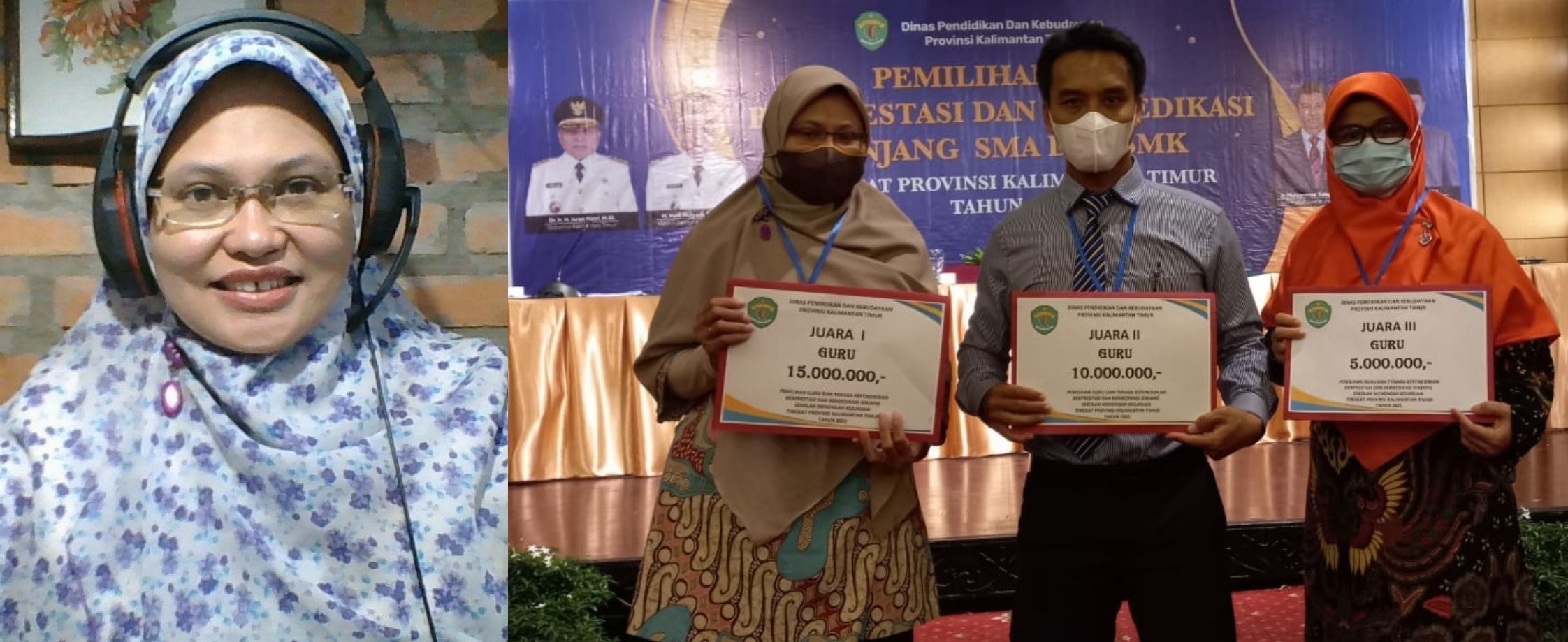 Yeni Ronalisa Saselah, S.Si., M.Pd., Juara 1 Guru Berprestasi Jenjang SMK Tingkat Kaltim Tahun 2021 (foto kiri). Yeni bersama Juara 2, Heri Bambang Santoso dari SMK Negeri 2 Balikpapan (tengah)  dan Juara 3, Samsiadi, M.Pd. dari SMK Negeri 1 Berau (kanan).