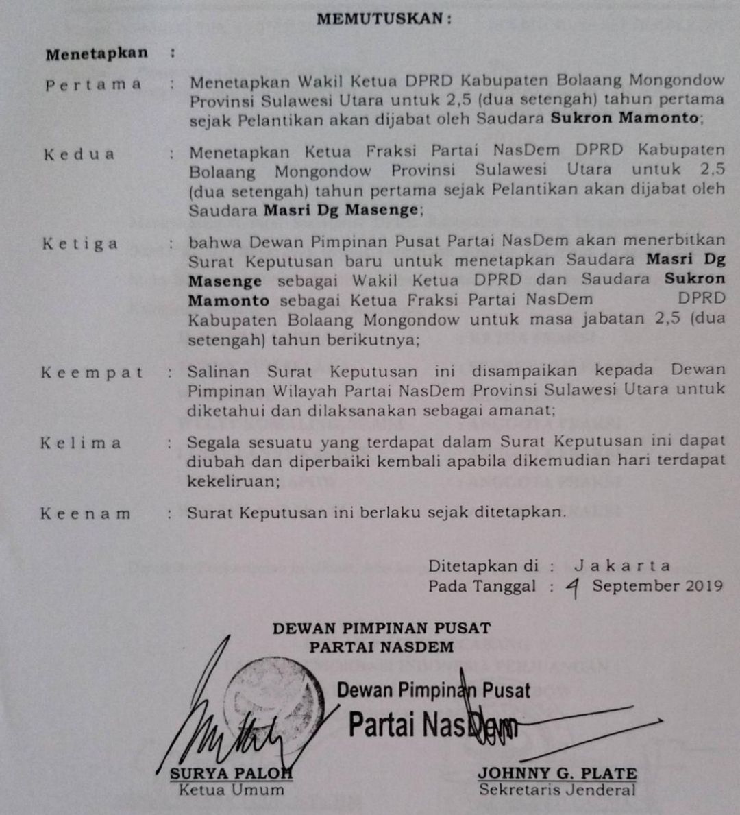 SK Nomir 046 –SK/DPP –Nasdem /IX/2019 tentang penetapan Wakil Ketua DPRD dan Ketua Fraksi DPRD Kabupaten Bolmong periode 2019-2024 dari Partai Nasdem
