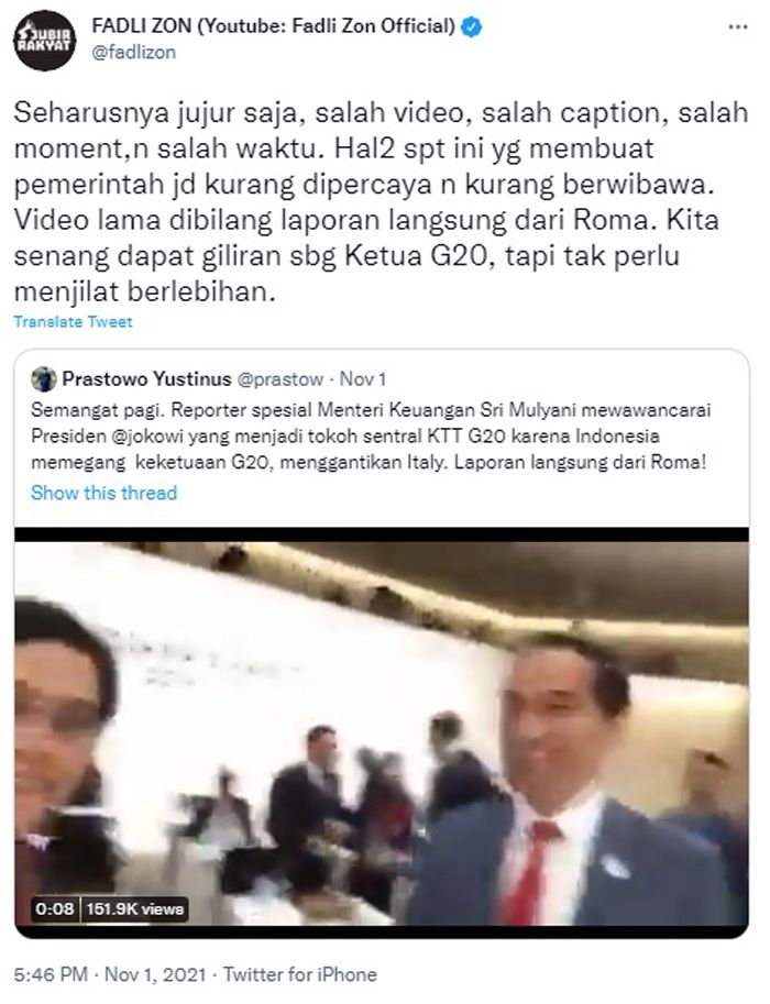 Fadli Zon Tanggapi Jokowi yang Resmi Jadi Ketua KTT G20
