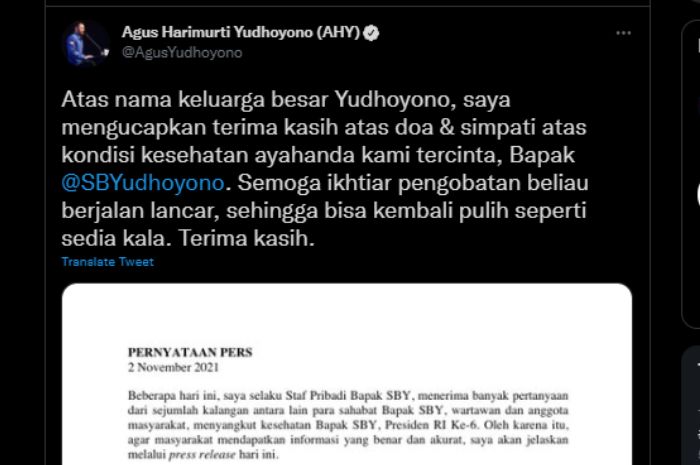 Kondisi Susilo Bambang Yudhoyono (SBY) yang sedang sakit sudah beberapa hari ini mencuat ke publik, AHY ungkap hal ini
