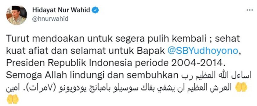 Hidayat Nur Wahid Doakan Kesembuhan untuk SBY