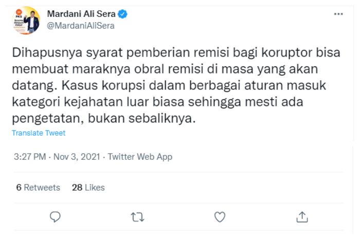 Mardani Ali Sera menanggapi perihal kebijakan Mahkamah Agung (MA) yang mencabut persyaratn remisi bagi maling uang rakyat (koruptor).