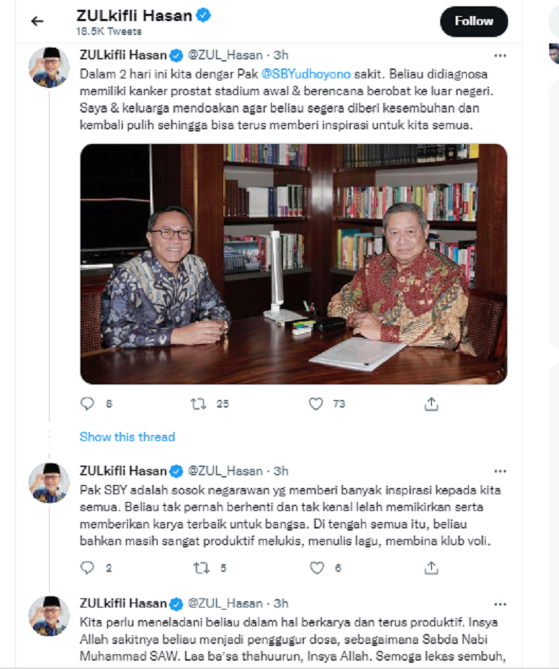 SBY Terkena Kanker Prostat, Zulkifli Hasan: Insya Allah Sakitnya Beliau Menjadi Penggugur Dosa!