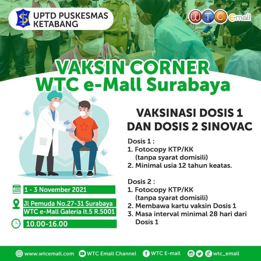 Info Daftar Vaksin Dosis Sinovac di WTC Mall Surabaya Hari ini Rabu 3 November 2021, Simak Caranya