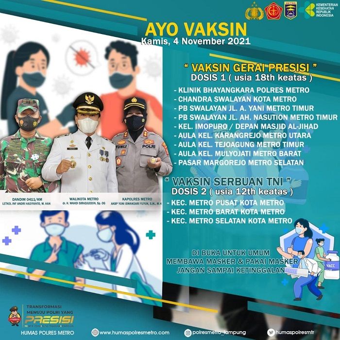 Info pelaksanaan vaksinasi hari ini Kamis, 4 November 2021 di Kota Metro Lampung