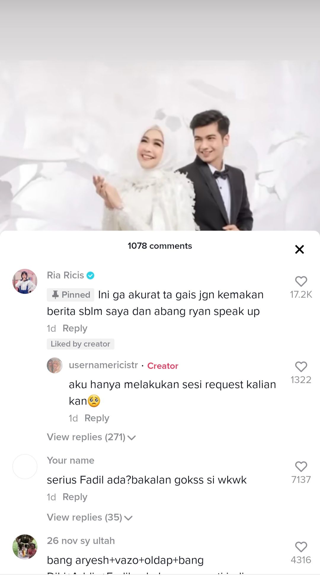 Ria Ricis menegur pengunggah video TikTok yang menyebarkan berita palsu soal pernikahannya dengan Teuku Ryan.*