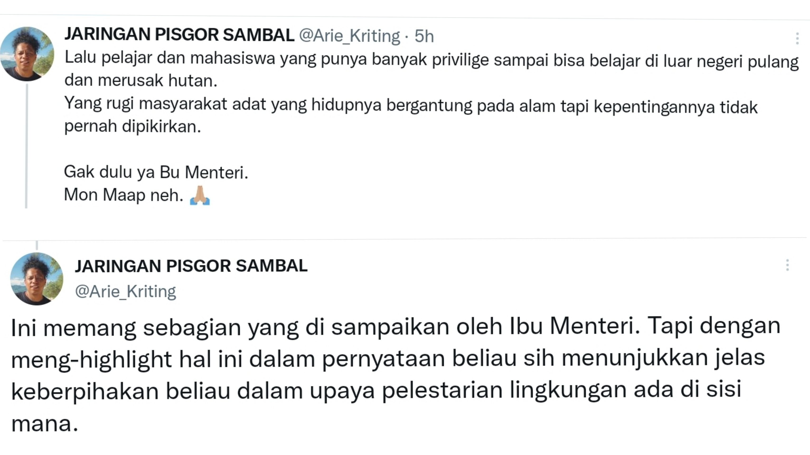 Komika Arie Kriting menanggapi pernyataan Menteri Lingkungan Hidup dan Kehutanan (LHK), Siti Nurbaya terkait deforestasi.