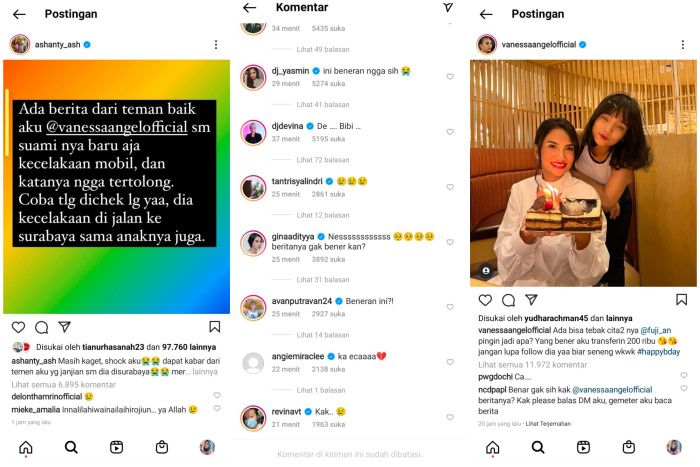 Unggahan Instagram dari akun Ashanty dan akun Vanessa Angel.