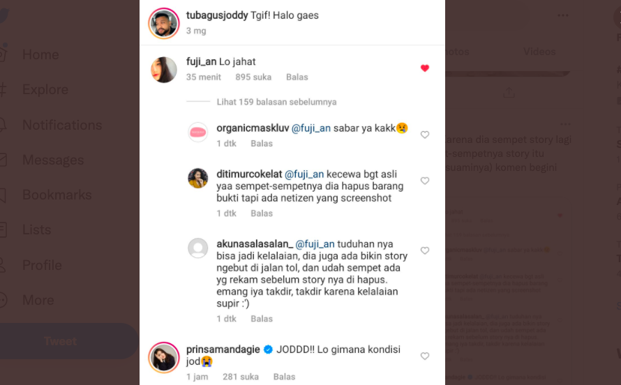 Tangkapan layar komentar adik ipar Vanessa Angel di akun Instagram yang diduga sopirnya.