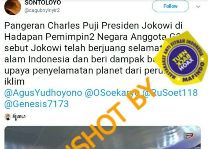 Beredar hoaks yang menyebutkan Pangeran Charles memuji Presiden Jokowi karena berhasil menyelamatkan alam.