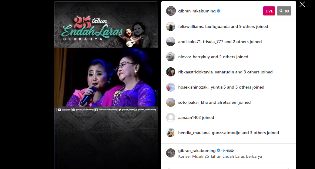 Konser 25 Tahun Endah Laras Berkarya sedang berlangsung dan disiarkan melalui media sosial Wali Kota Solo Gibran Rakabuming Raka./